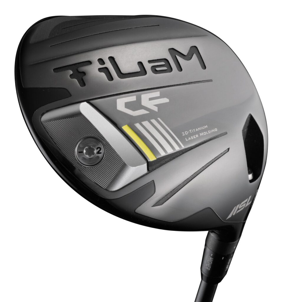 【取扱開始】完全シームレスボディが導く新時代。3D積層ドライバー「TiLaM(ティラム) CF」登場 TiLaM CFのロゴと3D-TITANIUM LASER MOLDINGの文字が入った、黒いゴルフドライバーのヘッド。